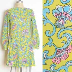 vintage 60s dress psychedelic print mod baroque green twiggy mini hippie S M